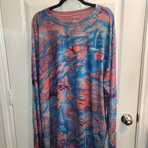 Magellan Performance Long Sleeve Top — Blue and Coral Marble Print